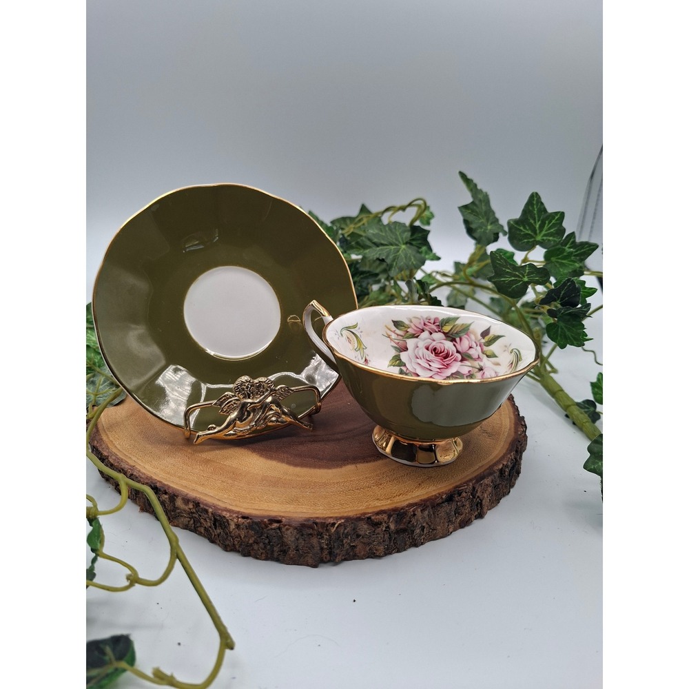 Elizabethan Staffordshire Princess Teacup Saucer Set Green Pink Rose Bone China